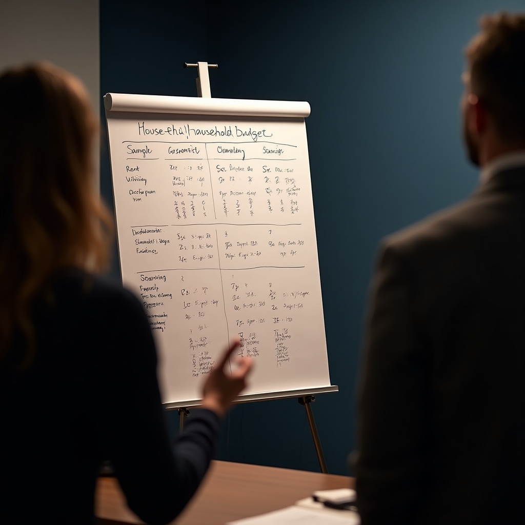 Flipchart z odręcznie rozpisanym przykładowym budżetem miesięcznym podczas warsztatu